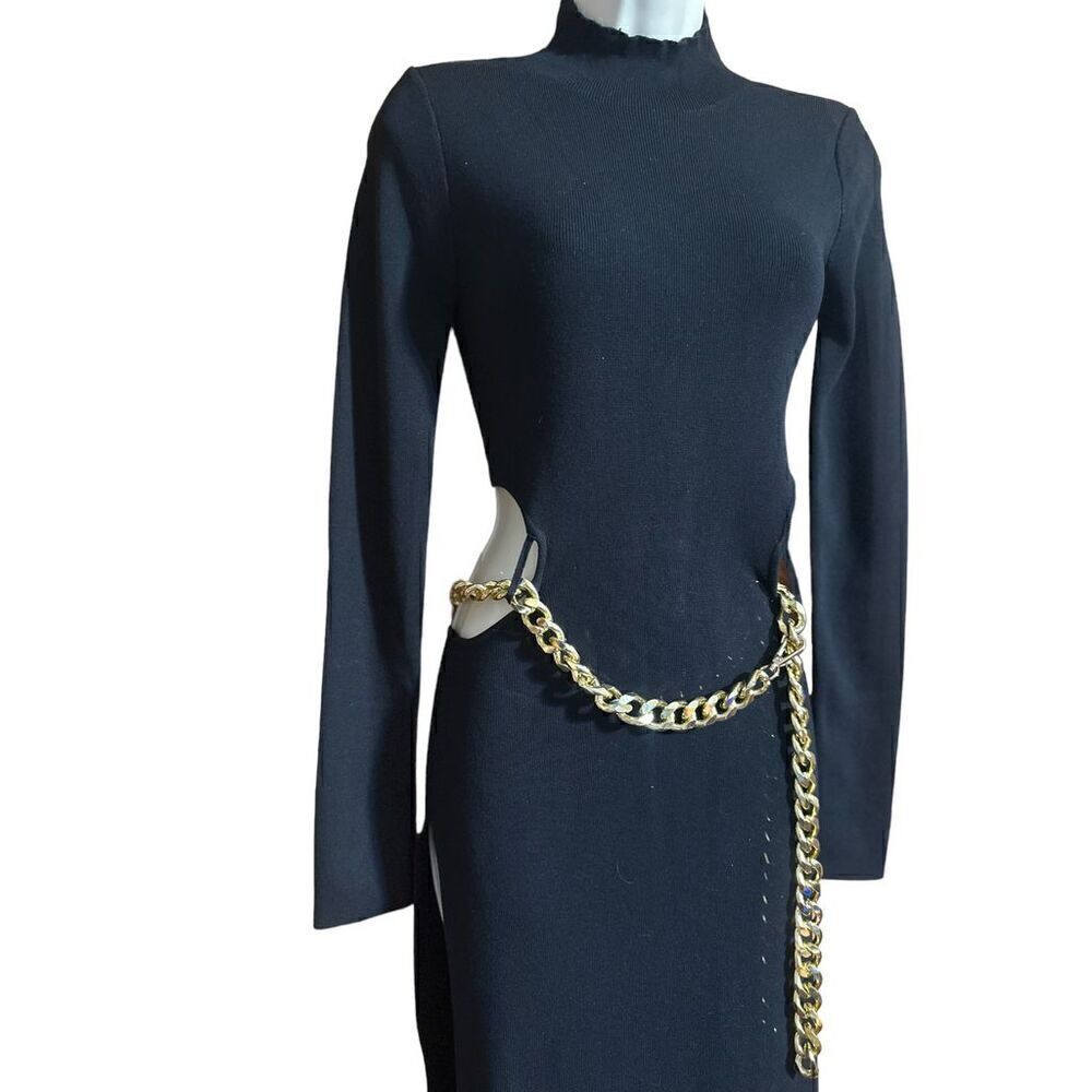 SummerHaus Black Maxi Dress Long Sleeve High Neck Thigh Split Gold Chain Belt …